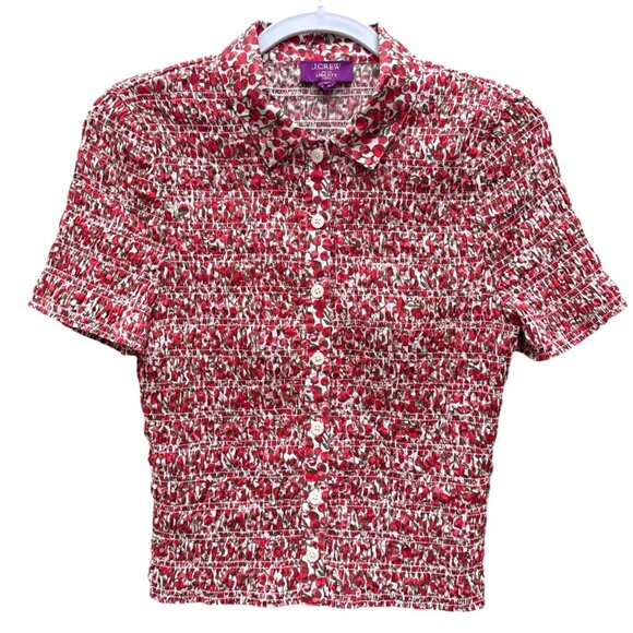 NWOT J.Crew Liberty Fabric Red White Floral Button-Up Smocked Short-Sleeve Shirt - Picture 2 of 7